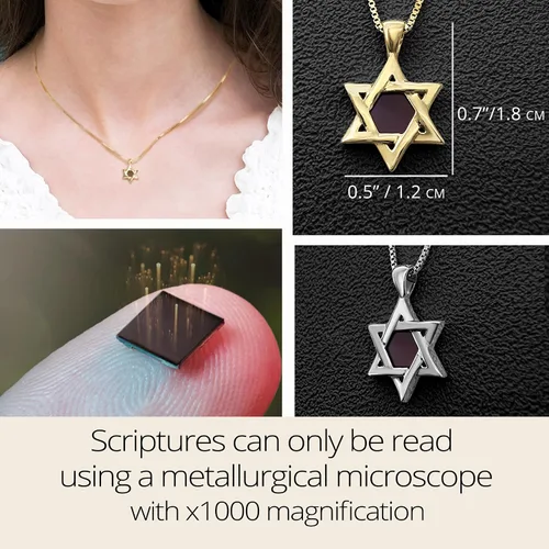 Vista 6 de Collar de la pequeña estrella de David, nano Biblia más pequeña en colgante hebreo entera de la Biblia de Tanakh Sagradas Escrituras en microchip