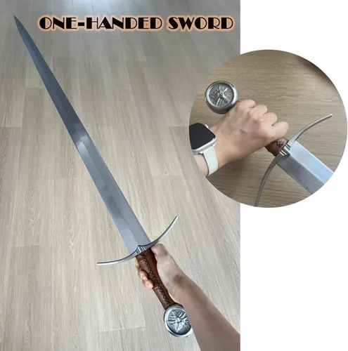 Vista 7 de Espada medieval occidental del Rey Arturo de 49"/41.5" con funda de cuero afilada, espada de doble mano larga de acero de carbono real, espada