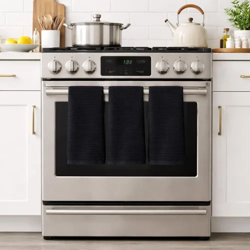 Vista 3 de Serafina Home Toallas de cocina de tamaño grande de color sólido negro: paño de 100 % algodón suave para limpieza y secado absorbente, con ribete