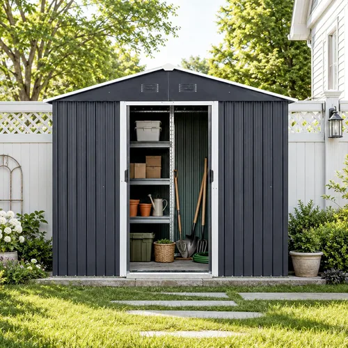 Vista 14 de Cobertizo de almacenamiento para exteriores de 6.23 x 4.3 pies con base de metal, puertas correderas y ventanas, protección solar, cobertizo de Gris