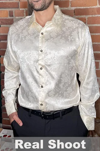 Vista 3 de COOFANDY - Camisas de vestir de seda de satén para hombre, con manga larga, diseño jacquard floral, botones, para fiesta, graduación y boda