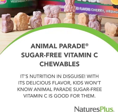 Vista 3 de NaturesPlus Animal Parade Vitamina C para niños sin azúcar, sabor a jugo de naranja natural, 90 tabletas masticables en forma de animales, apoyo
