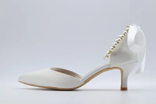 Vista 7 de Pointed Toe Pearl Satin Wedding Shoes for Bride Low Heel Bridal Shoes for Women Satin Heels Prom Party Shoes 1608-28