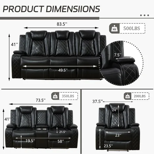 Vista 2 de Juego de sofá reclinable eléctrico con LED, juego de sofá de cuero transpirable para sala de estar, juego de sofá reclinable con puerto USB, Negro