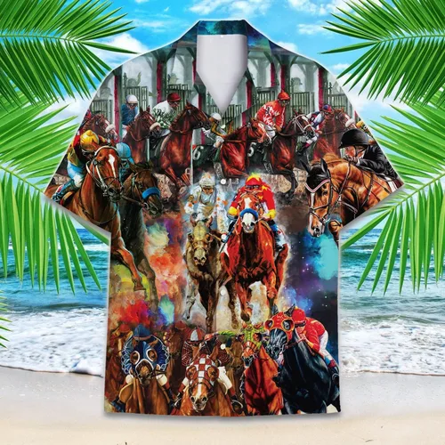 Vista 4 de Camisas hawaianas divertidas de caballos para hombres y mujeres, carreras de caballos de amor hawaiano de verano de manga corta, casual, ajuste