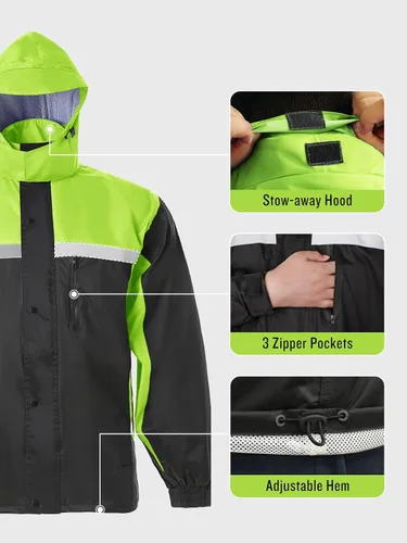 Vista 5 de Traje de lluvia para hombre, de alta visibilidad, reflectante, para trabajo, chaqueta de lluvia, pantalones para todos los deportes, granja, pesca