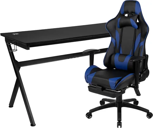 Vista 72 de Flash Furniture Juego de escritorio para juegos negro y silla de carreras blanco/negro con soporte para tazas, gancho para auriculares y soporte