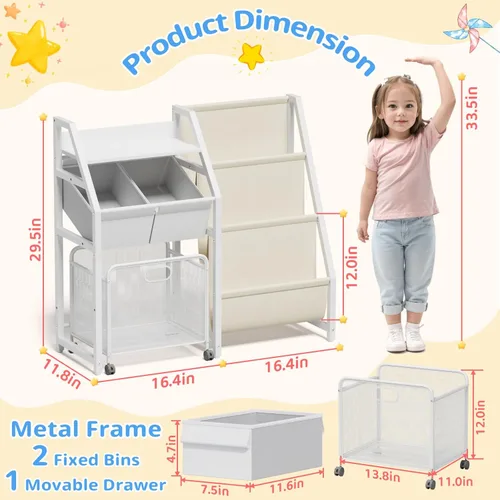 Vista 2 de Estantería para niños y organizador de almacenamiento de juguetes, estante de 3 niveles para habitaciones de niños con cajón móvil, estantería