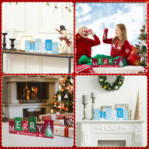 Vista 5 de Decoraciones de mesa de Navidad, centros de mesa de invierno de madera, Feliz Navidad, reversible, patrón de doble cara, letrero de pie para mesa