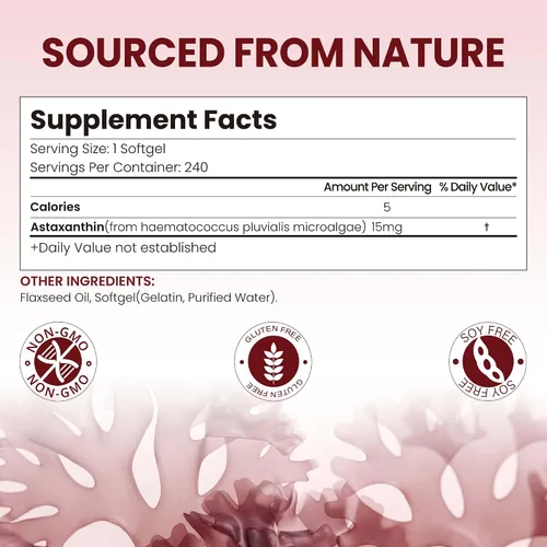 Vista 3 de Astaxantina de 15 mg 240 cápsulas blandas Suplementos de astaxantina Suministro para 8 meses Apoyo antioxidante, salud de los ojos y la piel