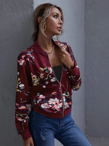 Vista 3 de Romwe Chaqueta bomber ligera con cremallera y estampado floral para mujer