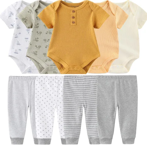Vista 40 de Conjunto de canastilla para bebé, 9 piezas, conjunto de mamelucos y pantalones, conjunto de regalo unisex para bebé