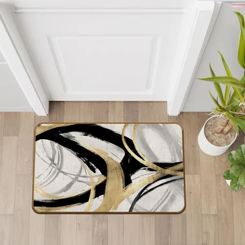 Vista 5 de Tapete abstracto bohemio negro y dorado, moderno, negro, blanco y dorado, antideslizante, para puerta delantera, porche, interior, exterior