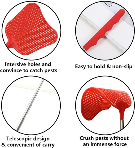 Vista 3 de Matamoscas extensible, juego de matamoscas de plástico duradero, matamoscas telescópico con mango de acero inoxidable para interior/aula/oficina