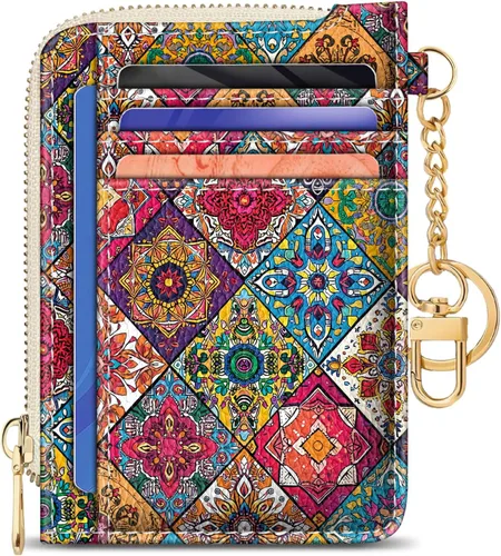 Vista 8 de GIANCOMICS Cartera delgada con tarjetero para mujer, funda pequeña con bloqueo Rfid, llavero de bolsillo delgado con cremallera curvada, tarjetero