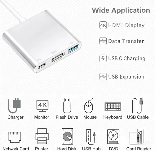 Vista 9 de Adaptador USB-C a HDMI (compatible con 4K / 30Hz) - Cable convertidor tipo C 3 en 1 para MacBook Pro, MacBook, Mac Pro, iMac, Chromebook y más