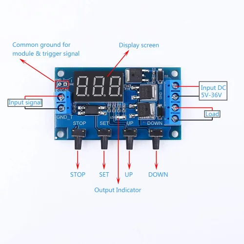 Vista 2 de Módulo de relé de retardo de temporizador programable DC 5V-36V Interruptor temporizador de ciclo ajustable de encendido/apagado con salida MOS dual