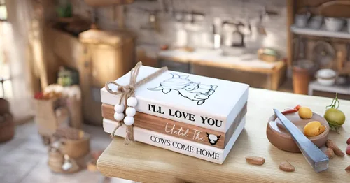Vista 5 de LIVDUCOT Highland Cow Wood Book Stacks Decor – Letrero decorativo rústico de granja para el hogar, mesa de café, manto, chimenea, estantes – I'll
