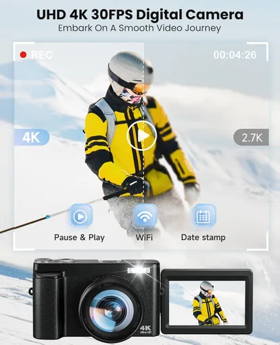 Vista 2 de Cámara digital 4K para fotografía, con WiFi, pantalla abatible de 180°