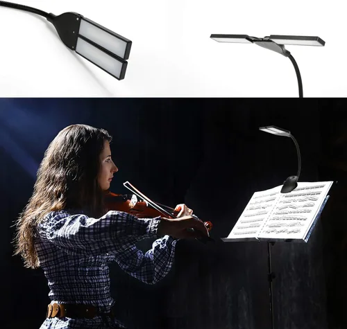 Vista 7 de Luces LED de soporte de música recargables, 28 luces LED con 3 niveles de brillo, lámpara de clip de escritorio de iones de litio de 1800 mAh Negro