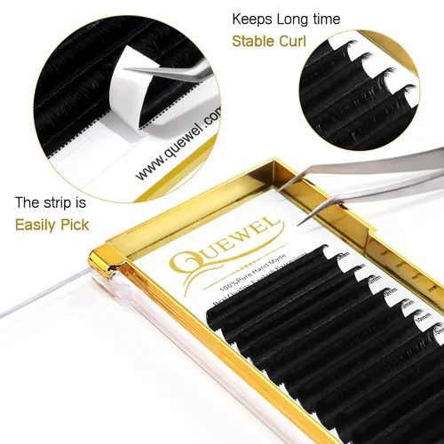 Vista 2 de QUEWEL - Extensiones de pestañas Easy Fan 0.03mm Rizo C Extensiones de pestañas de 10mm Bandejas de pestañas individuales Negras mate Ultra ligeras
