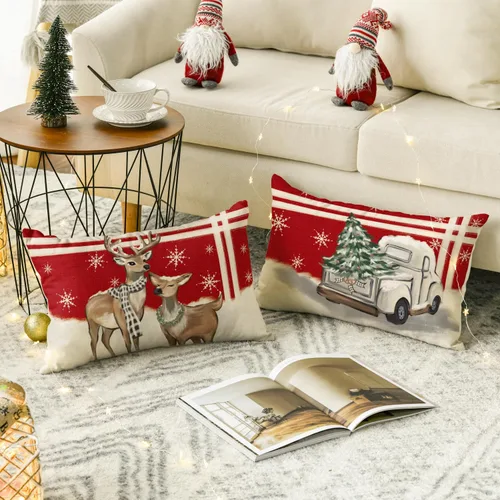 Vista 4 de AVOIN colorlife - Juego de 4 fundas de cojín con diseño de árbol de Navidad, renos, camiones y rayas rojas, para decoración festiva de invierno, 12