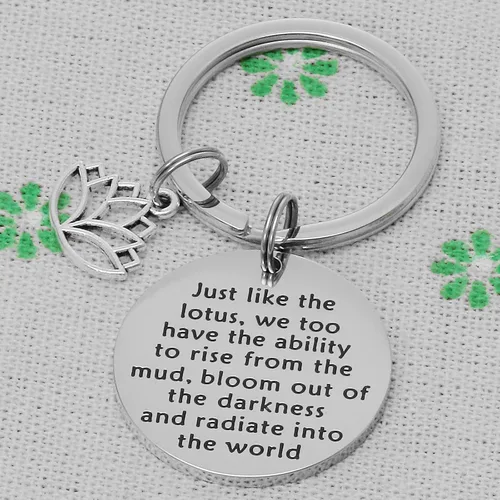 Vista 4 de Llavero de flor de loto, joyería budista, citas inspiradoras, regalo de motivación, yoga, karma, amantes inspirados, Acero-inoxidable
