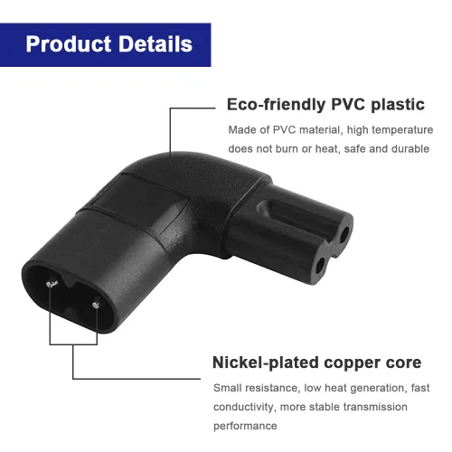 Vista 4 de Adaptador de CA de ángulo recto IEC320 C7 a C8, 90 grados C7 hembra a C8 macho 2 pines figura 8 convertidor de enchufe de alimentación de CA, negro