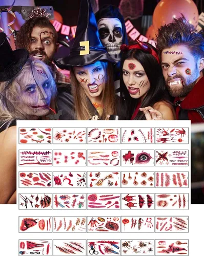 Vista 6 de Tatuajes de Halloween, 30 hojas de tatuaje temporal, tatuajes realistas de Halloween, cicatrices de zombies, tatuajes falsos sangrantes para heridas