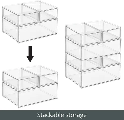 Vista 3 de mDesign - Contenedores organizadores de almacenamiento apilables de plástico para baño con cajón frontal extraíble para encimera de baño, tocador