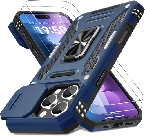 Vista 15 de DEERLAMN Funda para iPhone 16 Pro con cubierta deslizante para cámara + protector de pantalla (2 unidades), soporte de anillo giratorio de grado