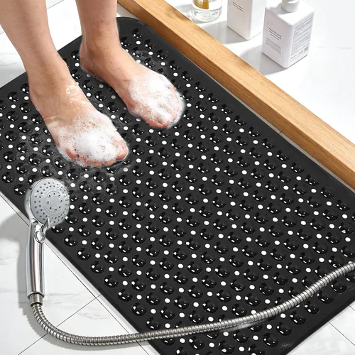 Vista 18 de Tapete de ducha negro antideslizante de 17 x 30 pulgadas, tamaño estándar, tapete de baño de burbujas suaves para ducha interior, tapete de baño