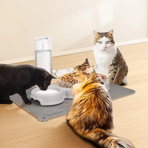 Vista 7 de Cuencos triples para comida y agua, cuencos elevados de plástico para gatos con botella de agua automática y tapete impermeable para gatos y perros