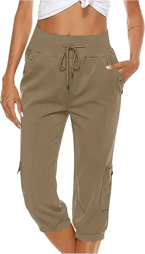 Vista 2 de Uillui Pantalones capri de algodón y lino para mujer, ligeros, holgados, pantalones deportivos de carga con cintura elástica, pantalones deportivos
