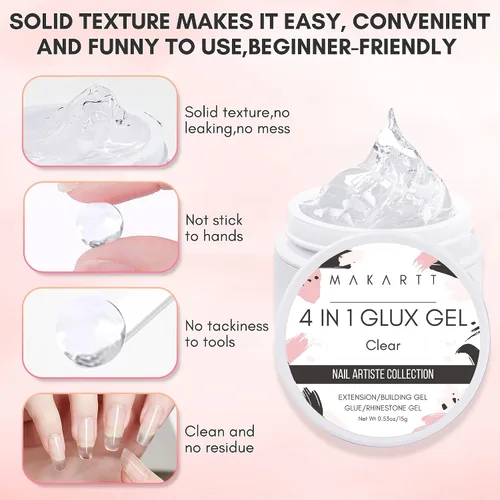 Vista 6 de Makartt Gel 4 en 1 Glux Gel Clear Solid Nail Extension Gel Constructor de Uñas Gel Constructor de Uñas de 0.5 fl oz UV Paquete de pegamento de uñas