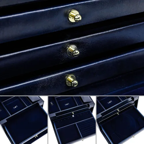 Vista 4 de Time Resistance Joyero de cuero Organizador de joyas de cuero de grano completo Caja de cerradura de llaves de almacenamiento azul marino