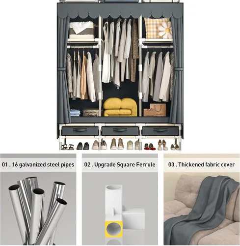 Vista 2 de Armario portátil con 3 cajones y 3 varillas para colgar, armario de tela para colgar ropa, funda gris, para ropa, ropa de cama, 51 pulgadas de ancho