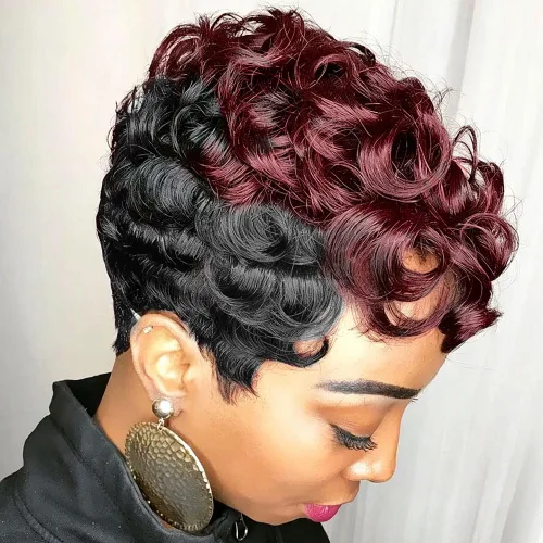 Vista 17 de MOONSHOW - Pelucas cortas de corte Pixie para mujeres negras, peluca de corte Pixie marrón Short Pixie Wigs for Black Women Natural Layered Short