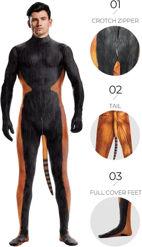 Vista 5 de Bemeiren Cosplay Zentai Body 3D impreso Animal Hombre manga larga fiesta Halloween traje completo traje