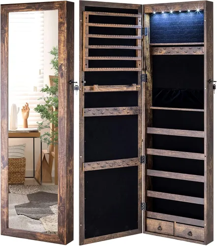 Vista 9 de YOKUKINA Armario de espejo de joyería, organizador de almacenamiento grande con luz LED, armario con cerradura para colgar en la puerta o montar