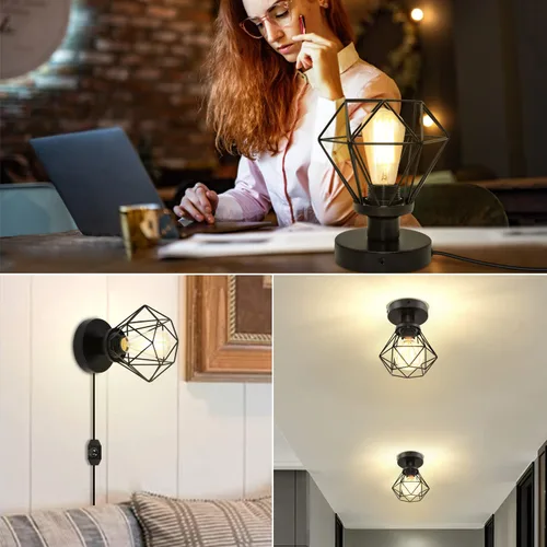 Vista 7 de Mini lámpara de mesa industrial, lámpara de escritorio de jaula de metal negro regulable para espacios pequeños, base de 4.7 pulgadas, se adapta a
