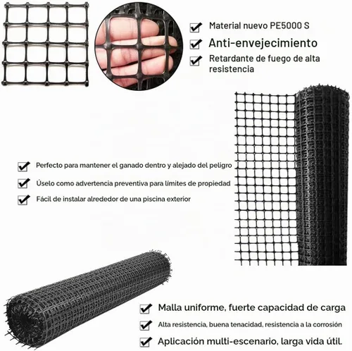 Vista 4 de Valla de plástico para jardín, barrera para animales, 3.28 x 66 pies, valla de plástico duro resistente, rollo de valla temporal de seguridad Negro