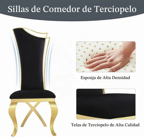 Vista 5 de ACEDÉCOR Juego de mesa de comedor de 5 piezas, mesa de comedor moderna con base en U de metal de acero inoxidable dorado, 4 sillas de comedor
