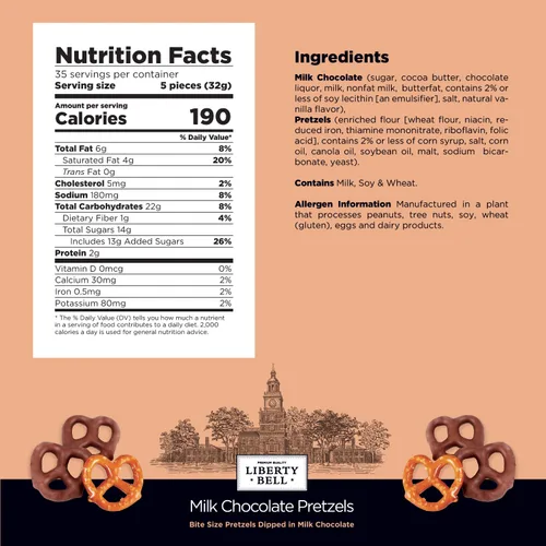 Vista 3 de Liberty Bell Mini pretzels cubiertos de chocolate con leche real, bolsa de 40 onzas