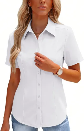 Vista 8 de HOTOUCH Camisas con botones para mujer, manga corta, elástica, sin arrugas, blusas formales de trabajo, blusas de verano, tallas S-2XL