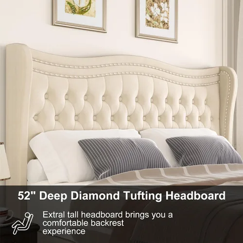 Vista 4 de Generic Base de cama Queen con cabecera tapizada de 52 pulgadas con cabecera alta y plataforma capitoné tapizada en terciopelo con botones Beige