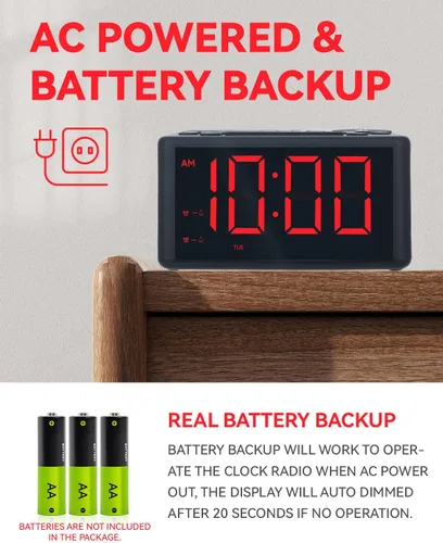 Vista 6 de Reloj de alarma digital con radio AM/FM, preajustes, alarmas duales, alarma de días laborables/fines de semana, función de repetición, temporizador
