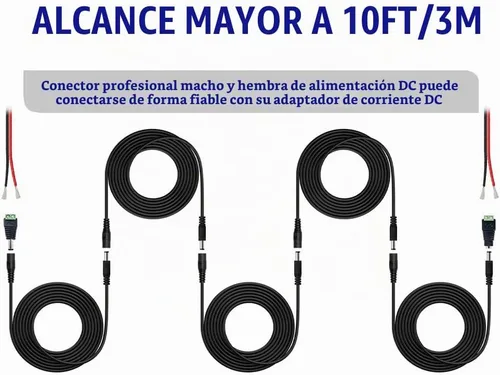 Vista 3 de 2 cables de extensión de alimentación CC de 10 pies (9.8 ft) de 12 V con conectores adaptadores de conector de alimentación (2 x macho + 2 hembra)