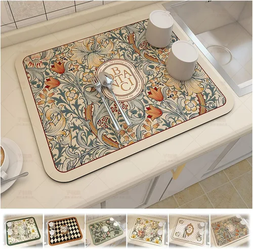 Vista 6 de Tapete de drenaje de estilo fantasía, tapete absorbente para secar platos, almohadillas de secado para encimera de cocina, platos florales vintage