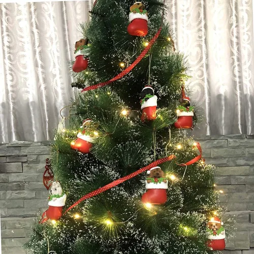 Vista 2 de Perro de pastor alemán en medias rojas de resina para árbol de Navidad, adorno para cachorros, manualidades, celebración, adornos de Navidad, 3.46